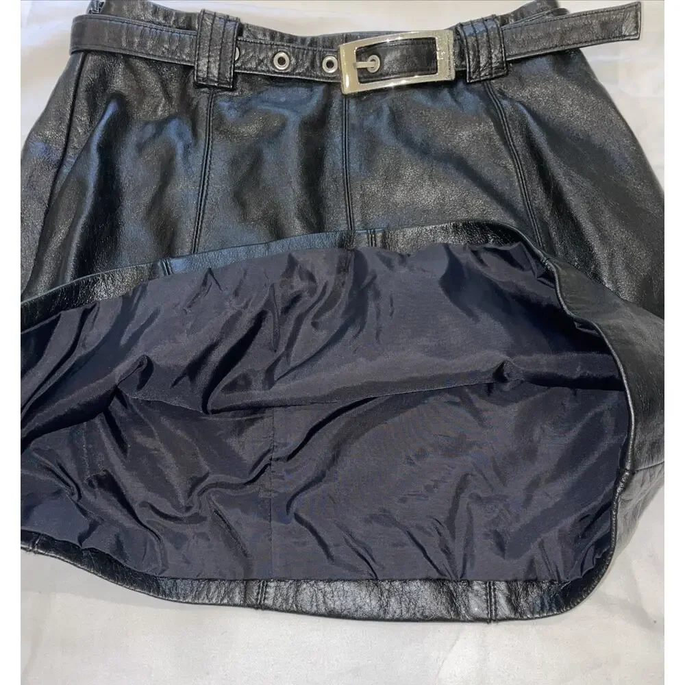 Vintage Y2K Wilsons Maxima Black Leather Lined Mini Skirt With Belt Size 4 - Picture 4 of 7